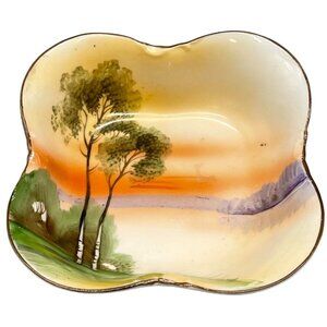 Hippon hand painted trinket dish floral sunsets glass green orange 1.5" READ